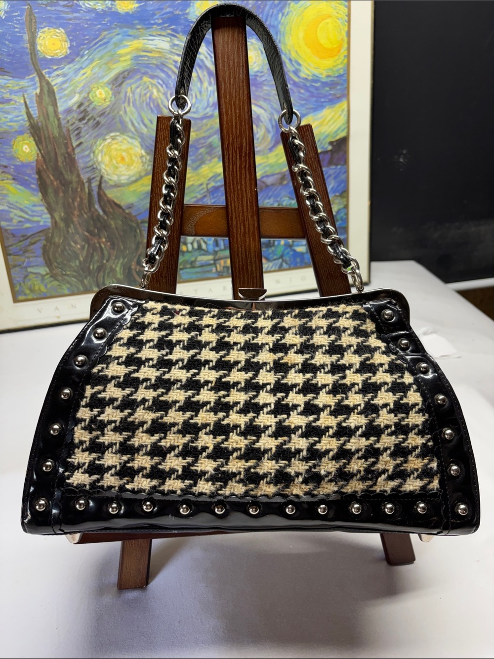 Trina Turk Black and Cream Houndstooth Chain-Handle Shoulder Bag